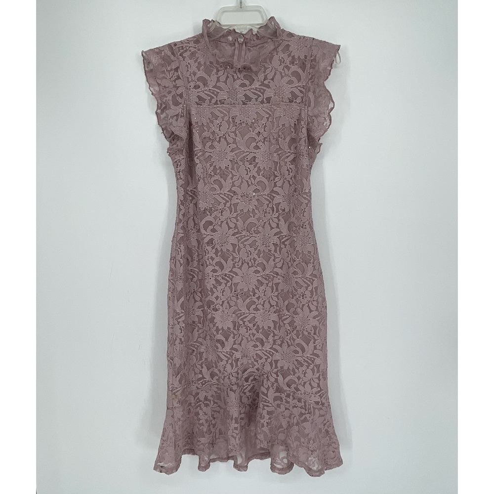 Alexa B Nites Women's Mauve Lace Sequin Mock Neck Sheath Dress Size 6